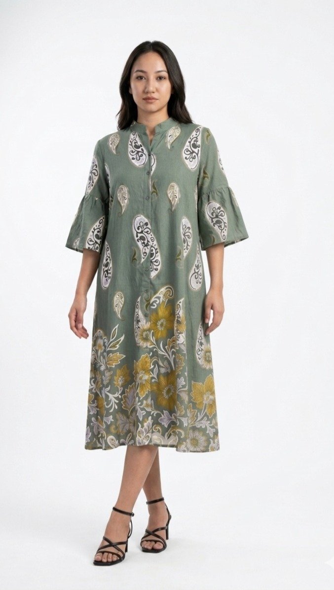 Sage Green Cotton Linen Paisley Shirt Dress