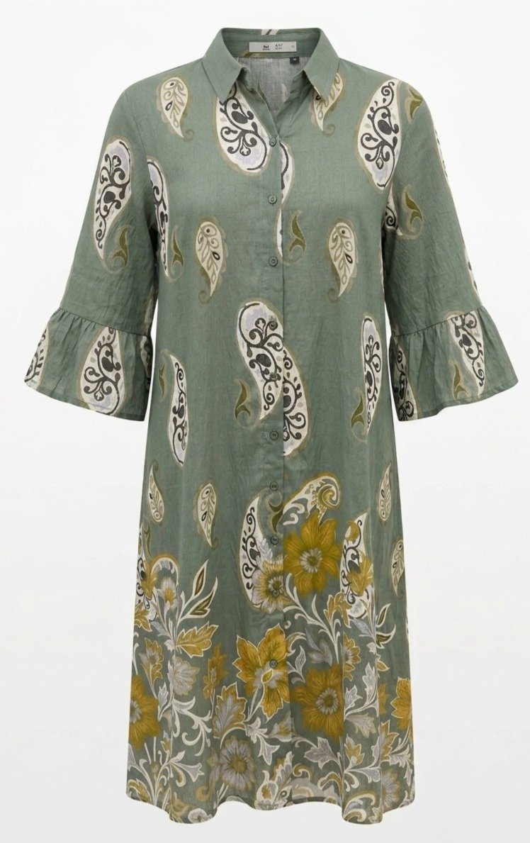 Sage Green Cotton Linen Paisley Shirt Dress - Image 5