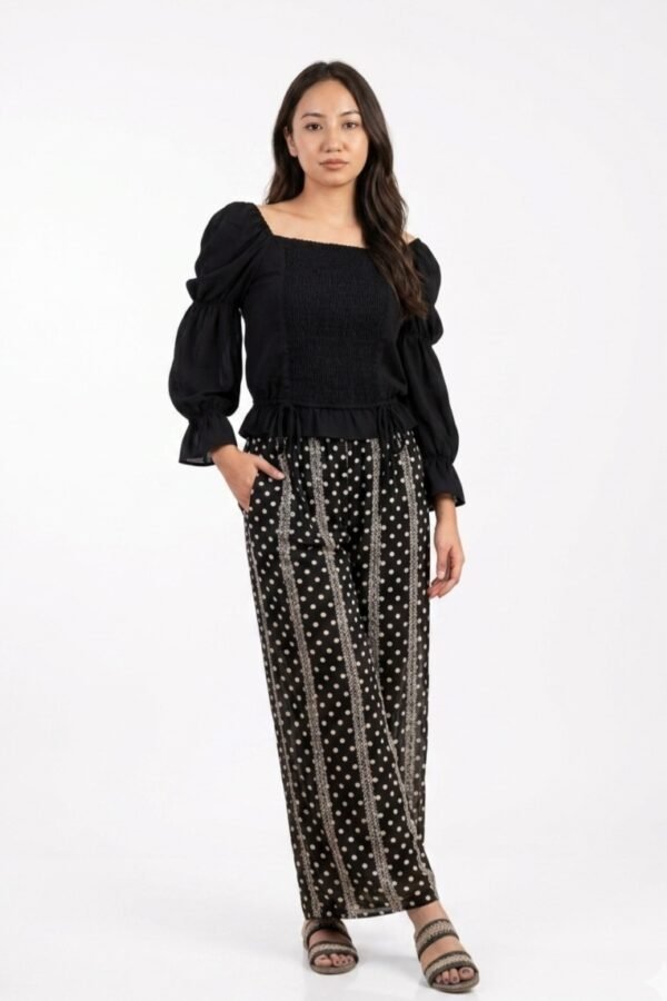 Women's Black Smocked Top & Polka Dot Palazzo Pant Co-ord Set