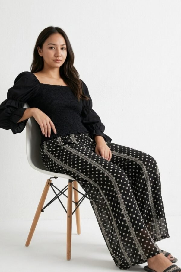 Women's Black Smocked Top & Polka Dot Palazzo Pant Co-ord Set