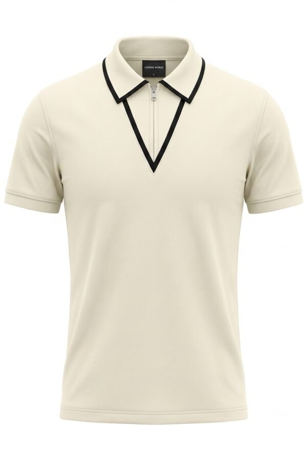 Cream Zip-Neck Polo T-Shirt