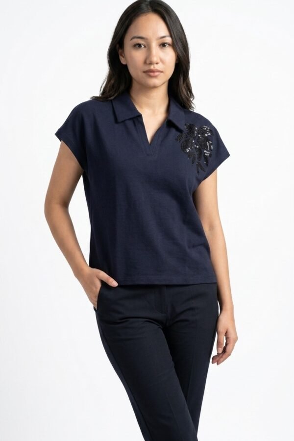 Women's Navy Blue Cotton Knit Polo Top with Black Floral Sequin Embellishment