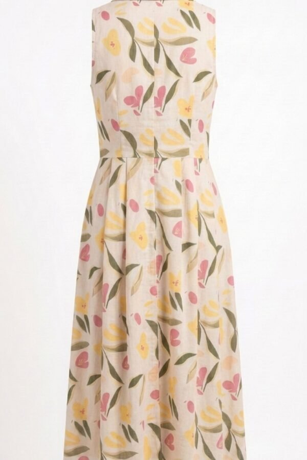 Beige Floral Print Sleeveless Midi Dress