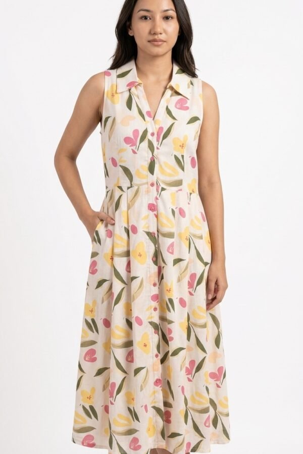 Beige Floral Print Sleeveless Midi Dress