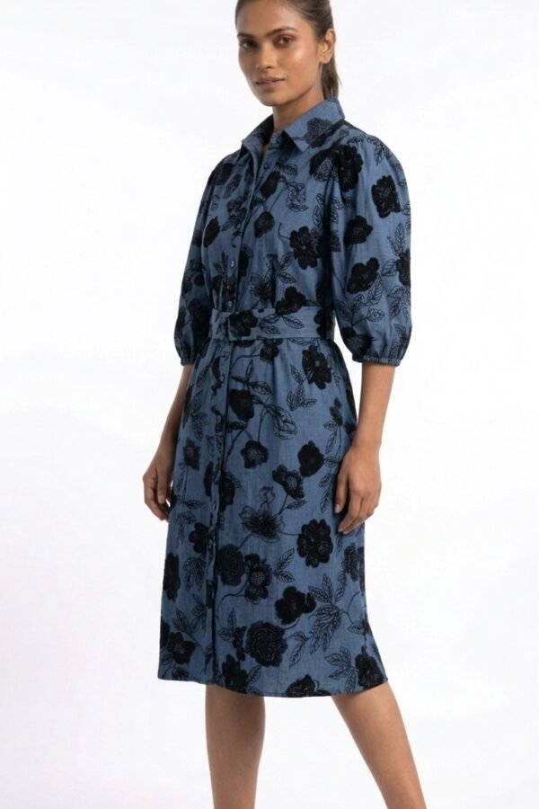 Women's Blue Midi Dress with Belt