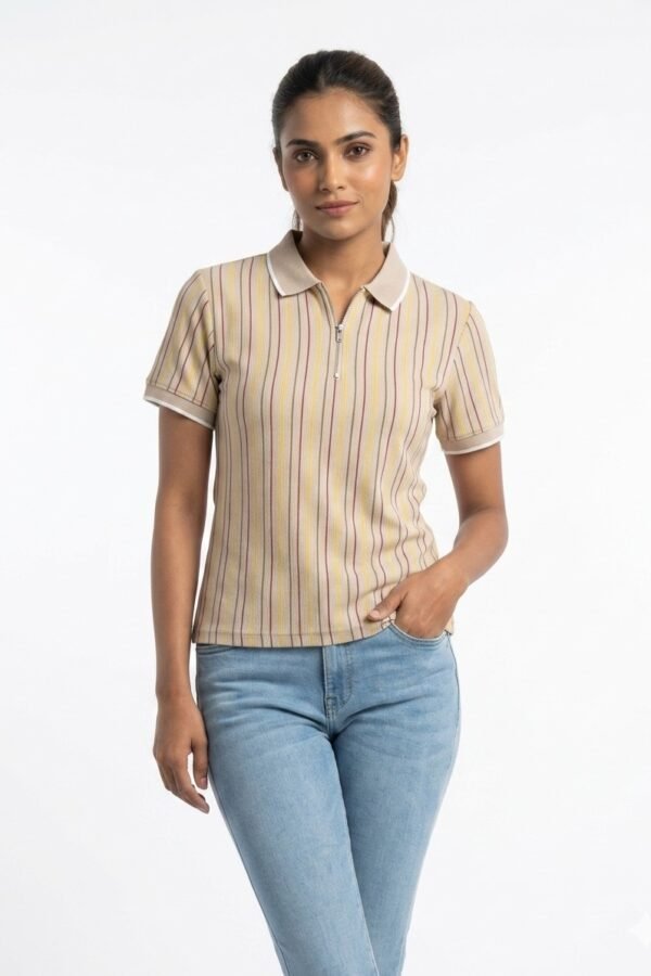 Women's Beige Striped Zip-Neck Polo T-Shirt
