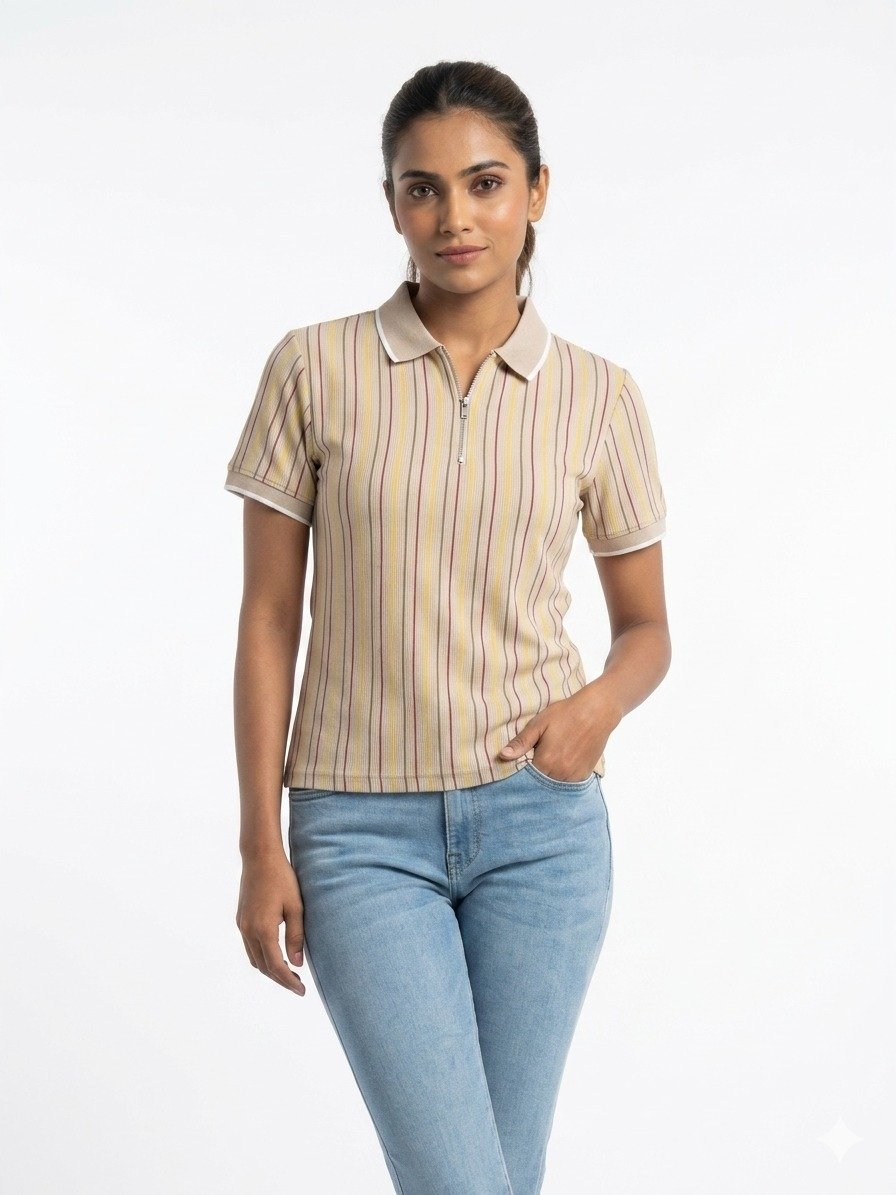 Women's Beige Striped Zip-Neck Polo T-Shirt