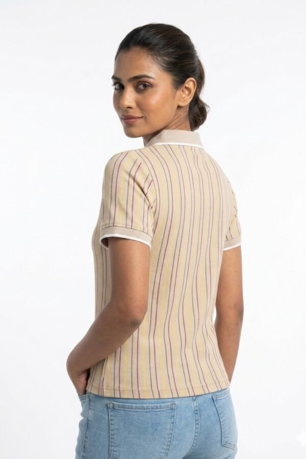 Women's Beige Striped Zip-Neck Polo T-Shirt