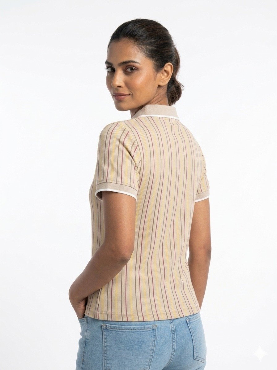 Women's Beige Striped Zip-Neck Polo T-Shirt - Image 2