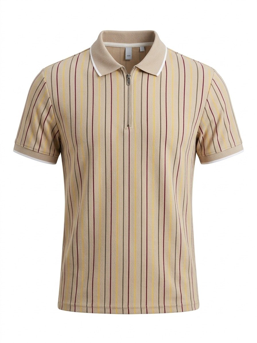 Women's Beige Striped Zip-Neck Polo T-Shirt - Image 3