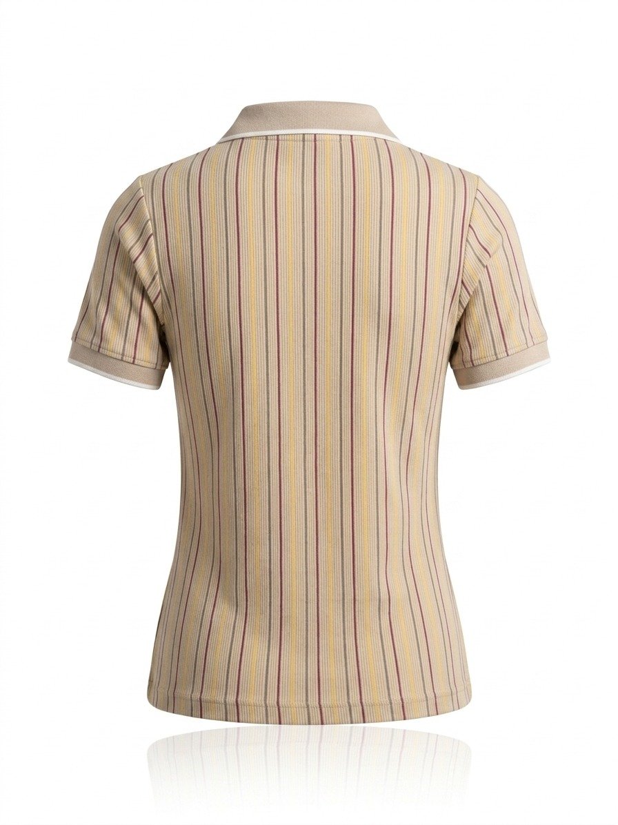 Women's Beige Striped Zip-Neck Polo T-Shirt - Image 4