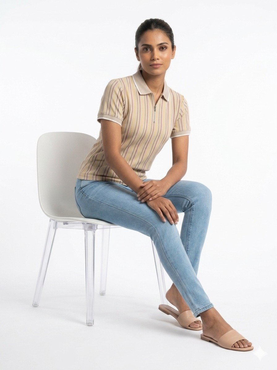 Women's Beige Striped Zip-Neck Polo T-Shirt - Image 5