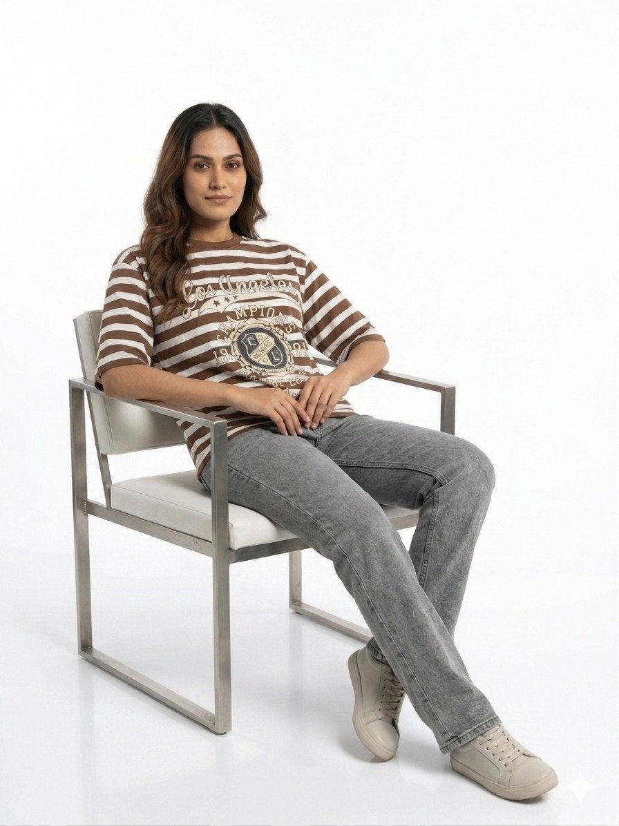 Women's Brown and White Striped Los Angeles Graphic T-Shirt - Image 3