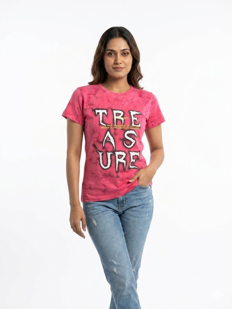 Women's Hot Pink Tie-Dye "TREASURE" Graphic T-Shirt