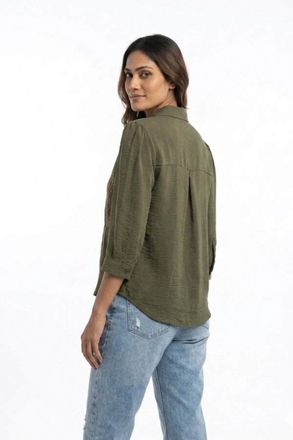 Women's Olive Green Floral Embroidered Button-Down Shirt