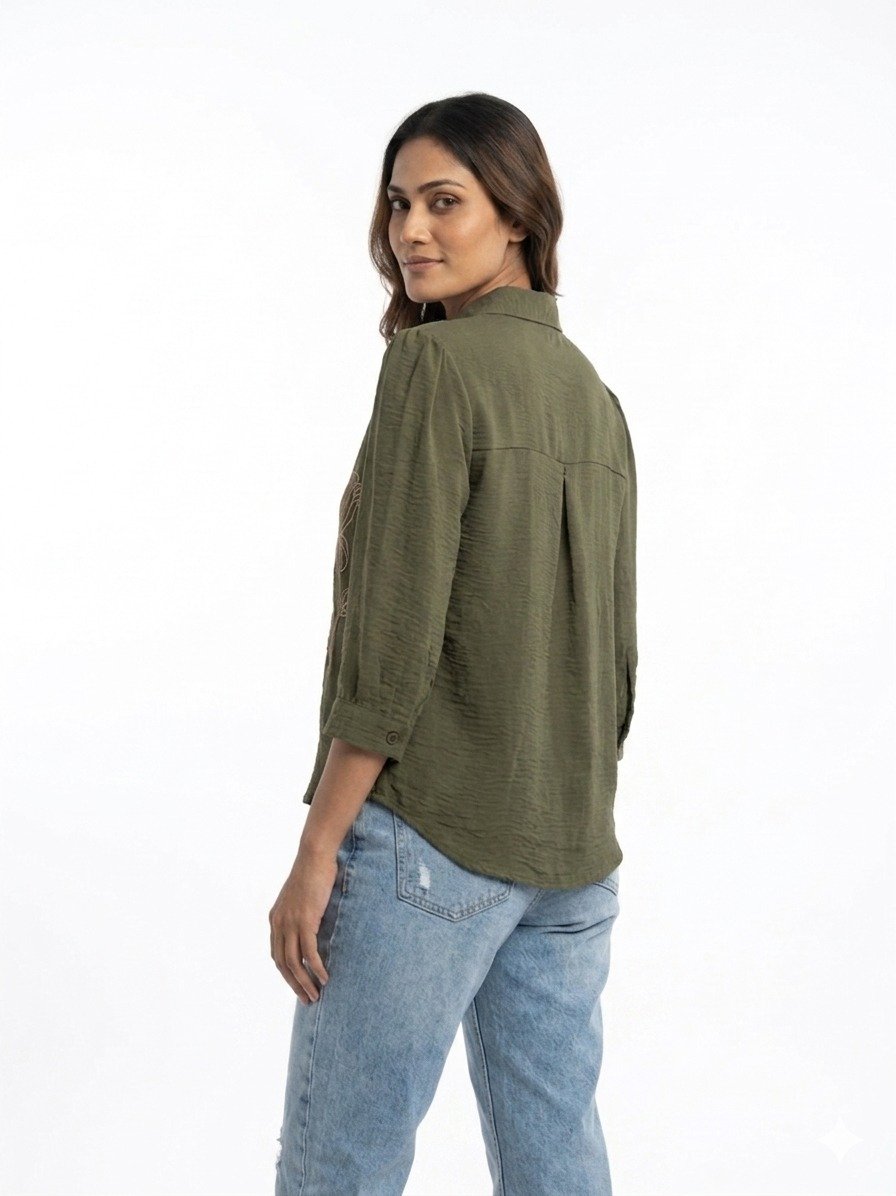 Women's Olive Green Floral Embroidered Button-Down Shirt - Image 2