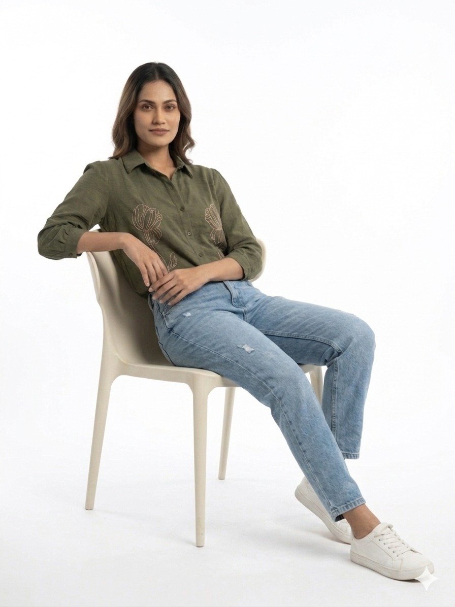 Women's Olive Green Floral Embroidered Button-Down Shirt - Image 3