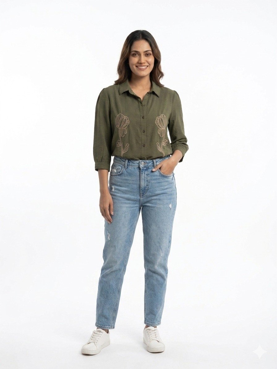 Women's Olive Green Floral Embroidered Button-Down Shirt