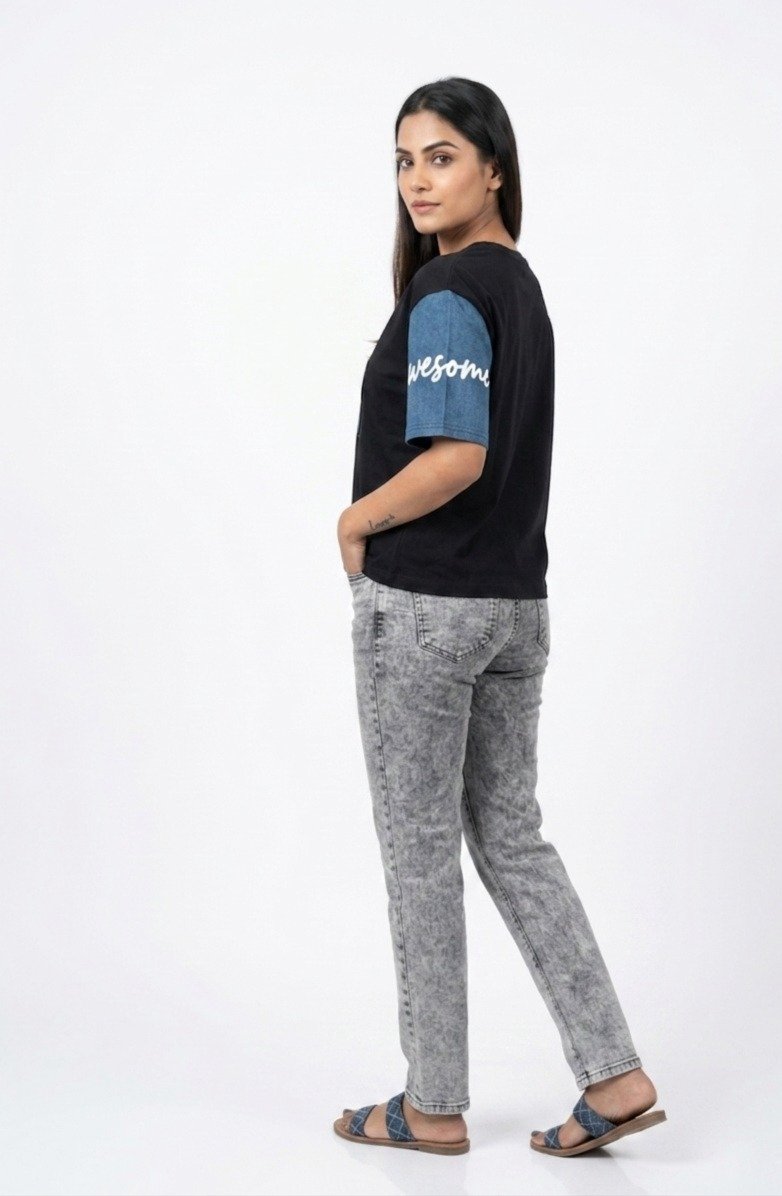 Women's Black Cotton Graphic T-Shirt - Image 2