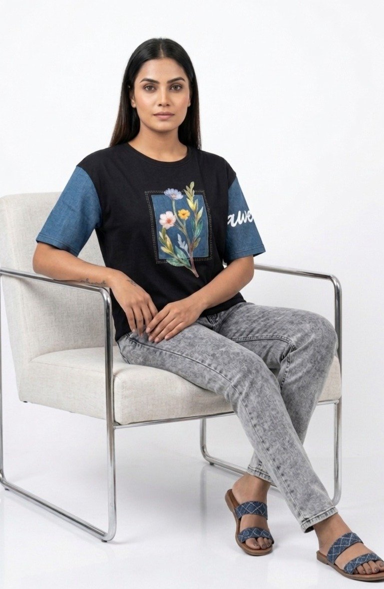 Women's Black Cotton Graphic T-Shirt - Image 3