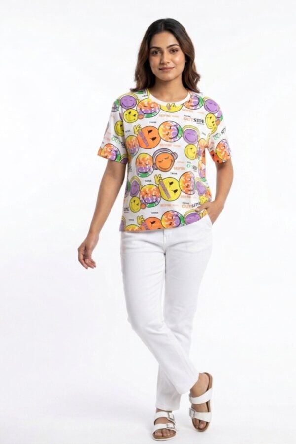 Women's White Multi-Color Smiley Face T-Shirt