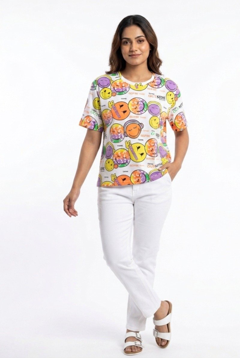 Women's White Multi-Color Smiley Face T-Shirt
