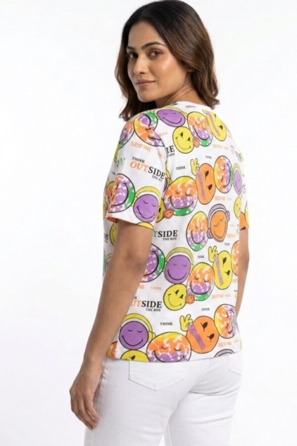 Women's White Multi-Color Smiley Face T-Shirt