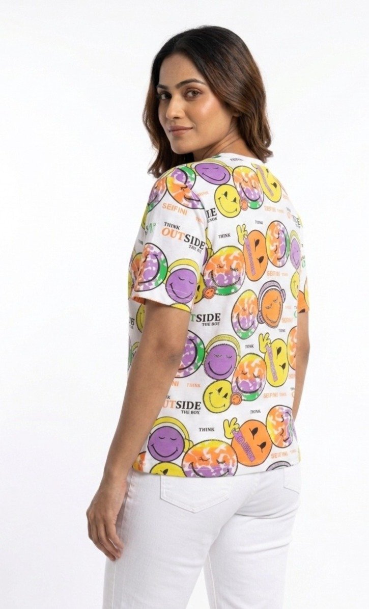 Women's White Multi-Color Smiley Face T-Shirt - Image 2