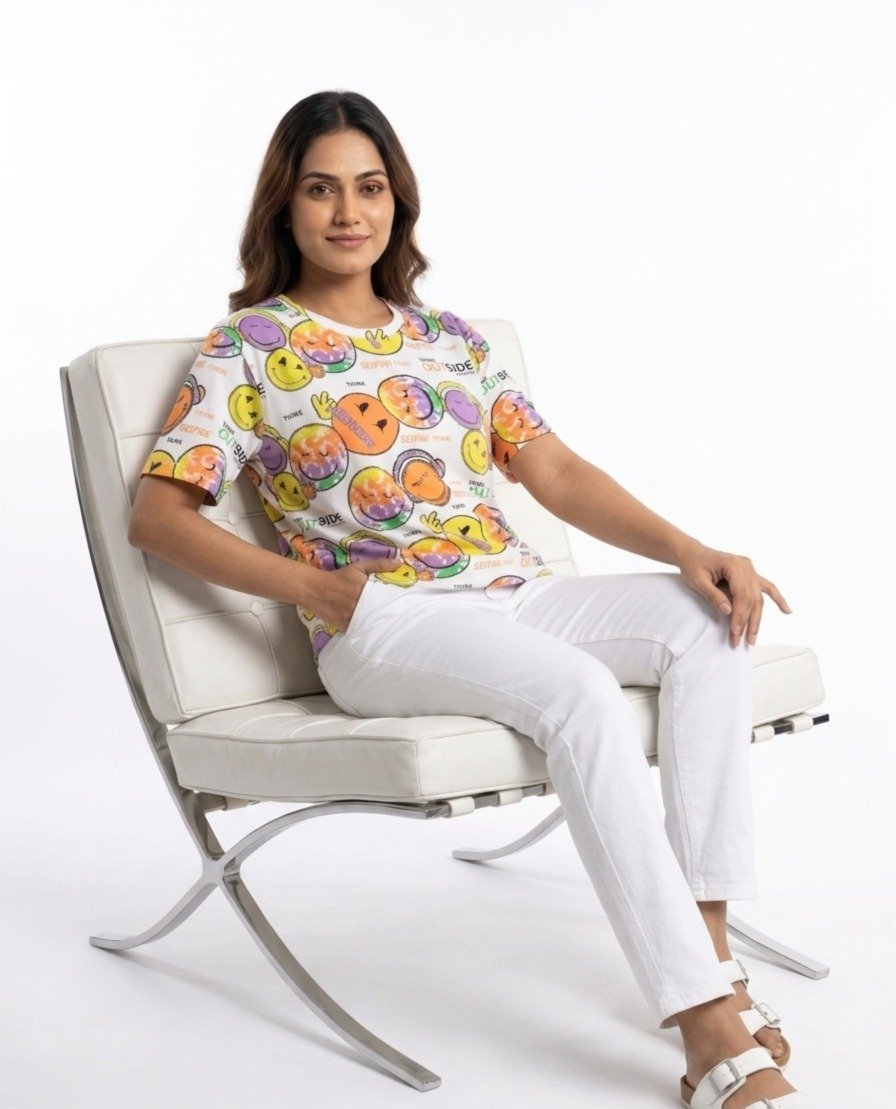 Women's White Multi-Color Smiley Face T-Shirt - Image 3