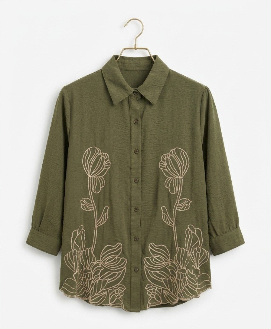 Women's Olive Green Floral Embroidered Button-Down Shirt - Image 4