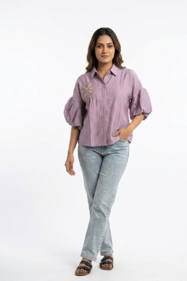 Women's Lavender Puff-Sleeve Embroidered Blouse with Classic Collar