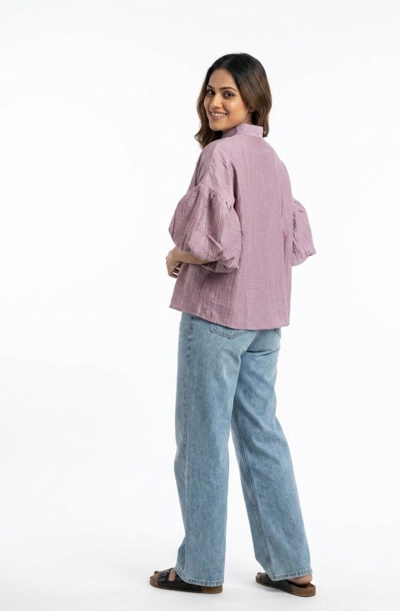 Women's Lavender Puff-Sleeve Embroidered Blouse with Classic Collar - Image 5