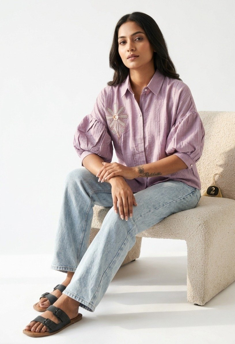 Women's Lavender Puff-Sleeve Embroidered Blouse with Classic Collar - Image 4