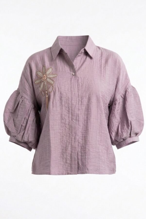 Women's Lavender Puff-Sleeve Embroidered Blouse with Classic Collar