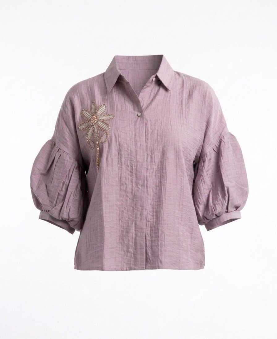 Women's Lavender Puff-Sleeve Embroidered Blouse with Classic Collar - Image 2