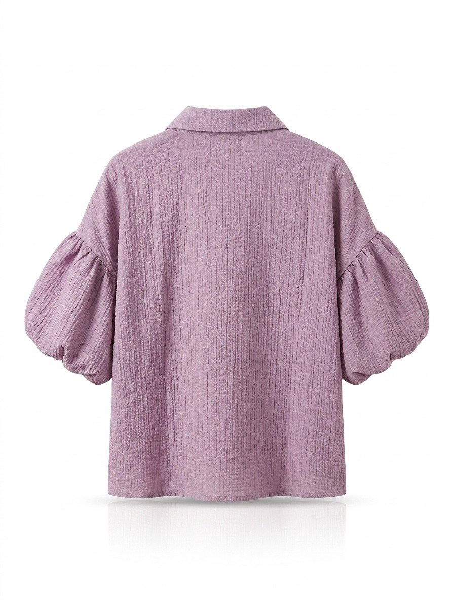 Women's Lavender Puff-Sleeve Embroidered Blouse with Classic Collar - Image 3