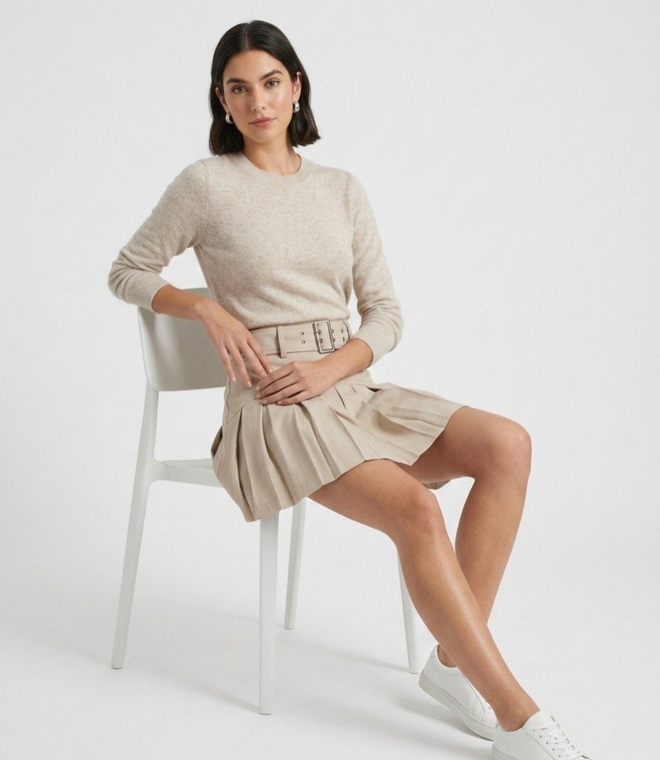 Women's Beige High-Waisted Belted Pleated Mini Skirt - Image 2