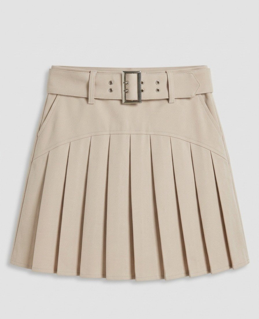 Women's Beige High-Waisted Belted Pleated Mini Skirt - Image 3