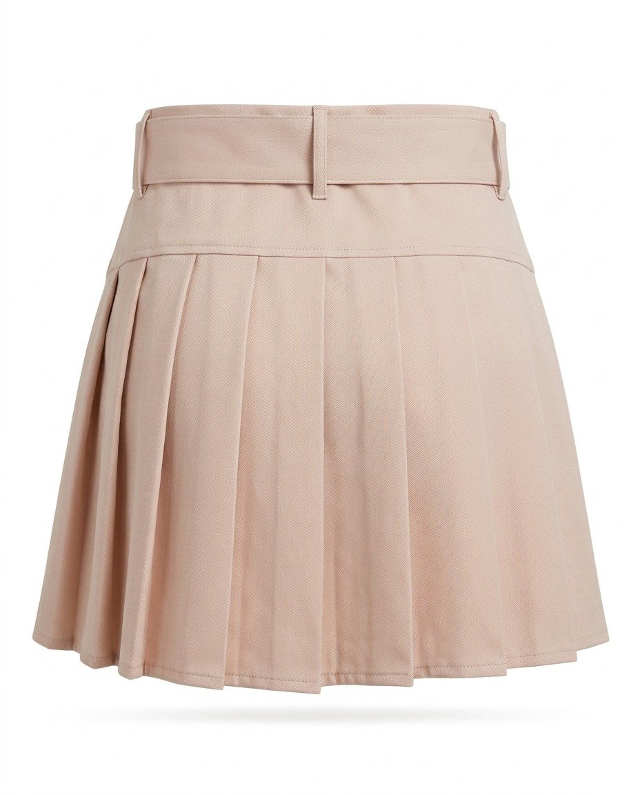 Women's Beige High-Waisted Belted Pleated Mini Skirt - Image 4