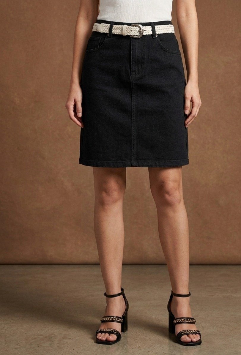 Women's Black Denim Mini Skirt with Contrast White Woven Belt