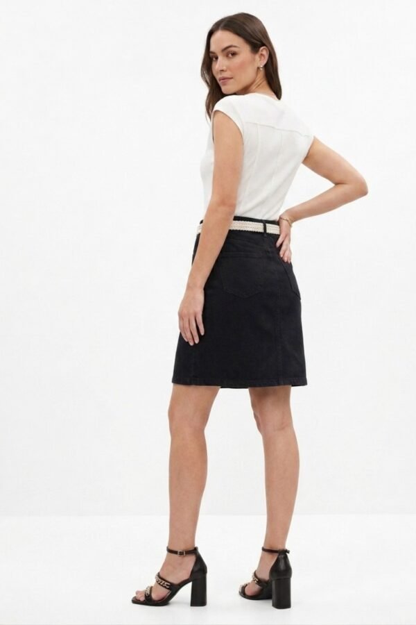 Women's Black Denim Mini Skirt with Contrast White Woven Belt
