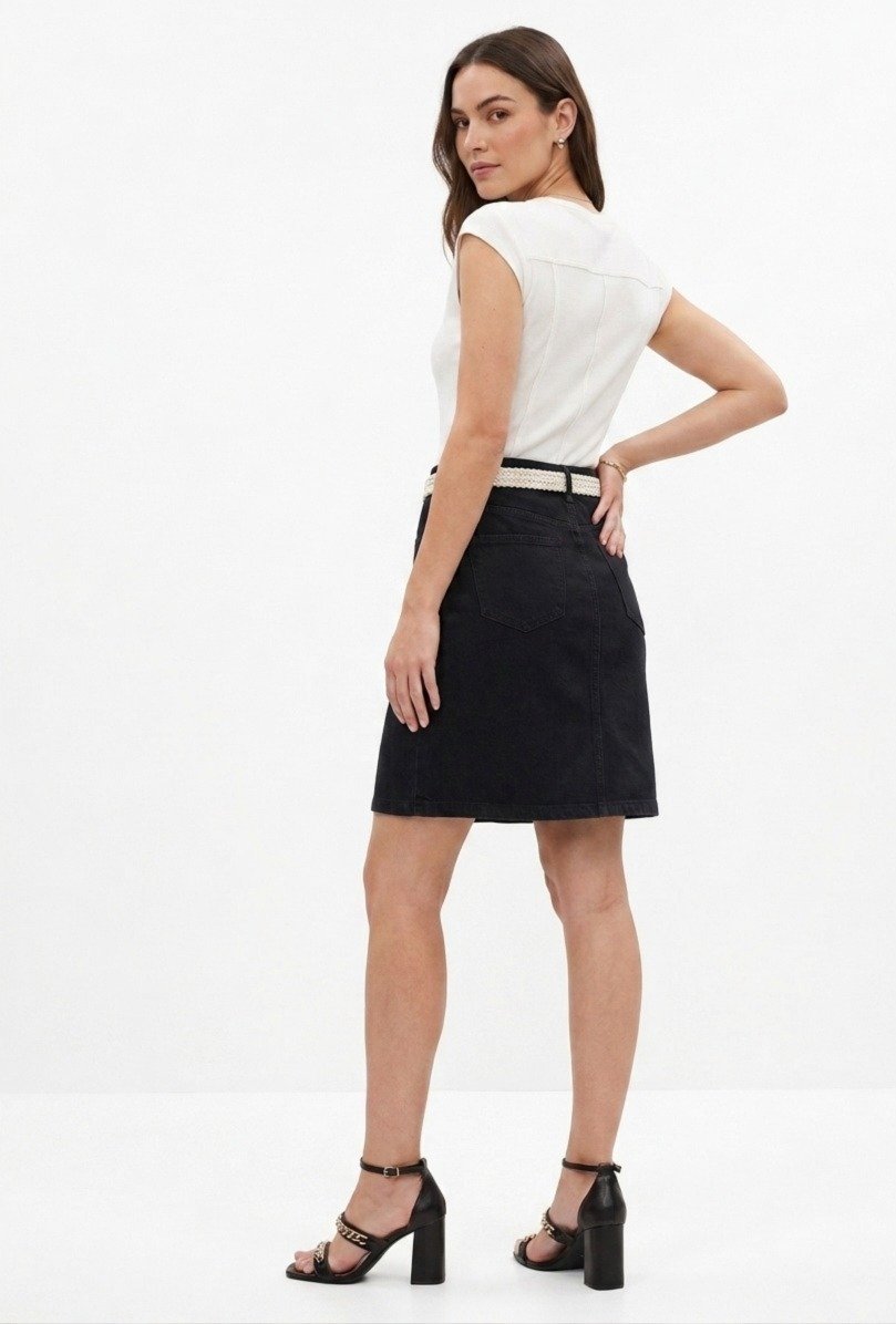 Women's Black Denim Mini Skirt with Contrast White Woven Belt - Image 2