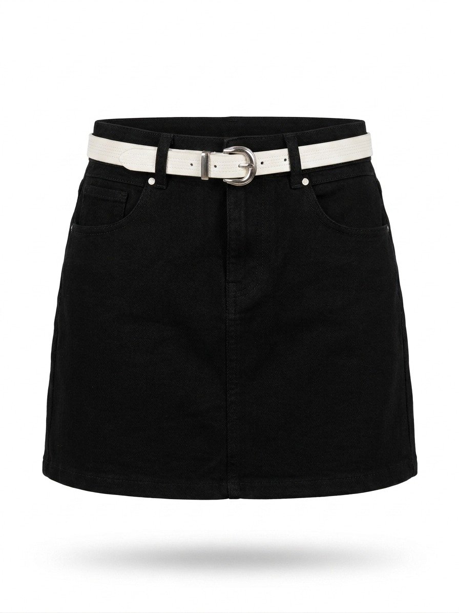 Women's Black Denim Mini Skirt with Contrast White Woven Belt - Image 4