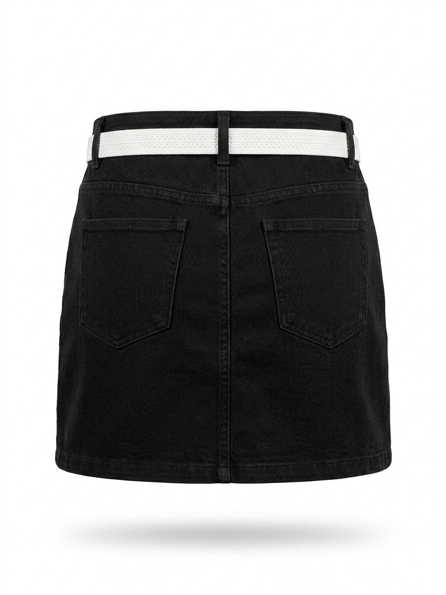 Women's Black Denim Mini Skirt with Contrast White Woven Belt - Image 5