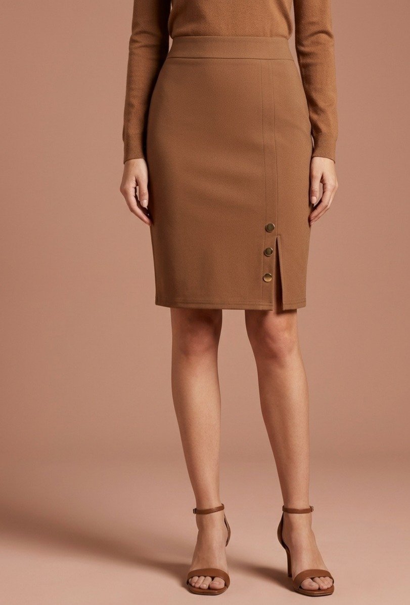 Women's Tan Button-Detail High-Waisted Pencil Skirt