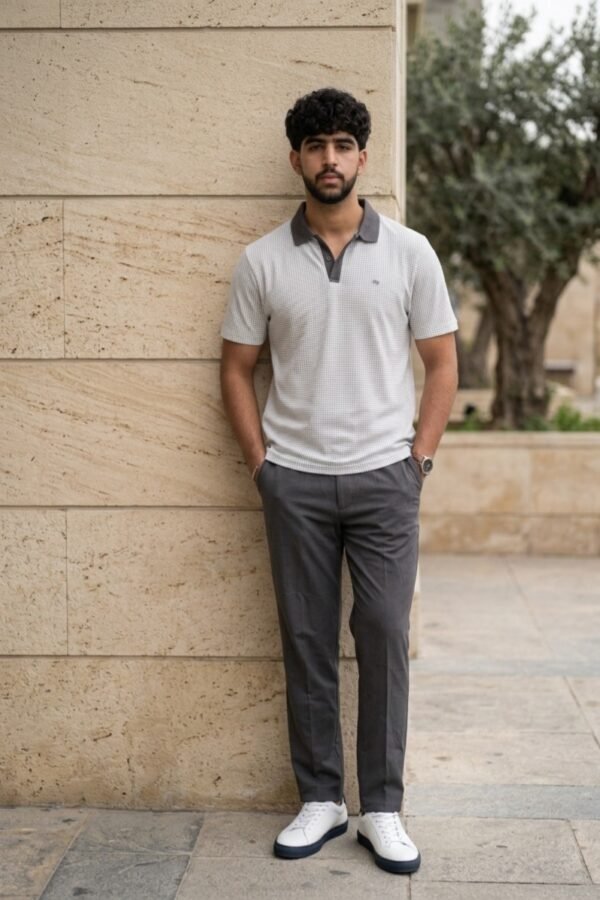 Men's White Micro-Check Polo Shirt with Charcoal Grey Trouser Set