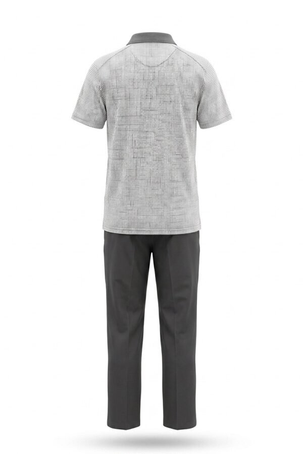 Men's White Micro-Check Polo Shirt with Charcoal Grey Trouser Set