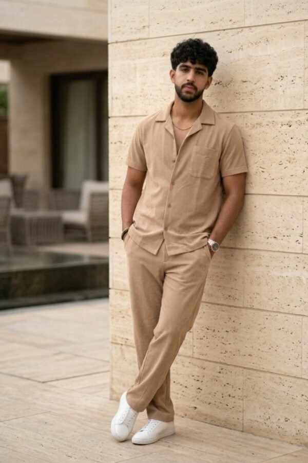 Men's Tan Textured Button-Down Shirt and Trouser Co-Ord Set