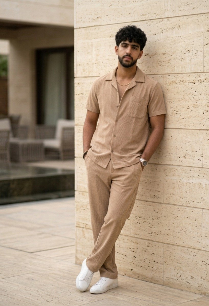 Men's Tan Textured Button-Down Shirt and Trouser Co-Ord Set