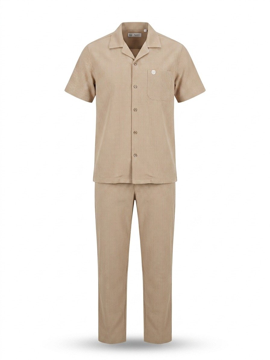 Men's Tan Textured Button-Down Shirt and Trouser Co-Ord Set - Image 3